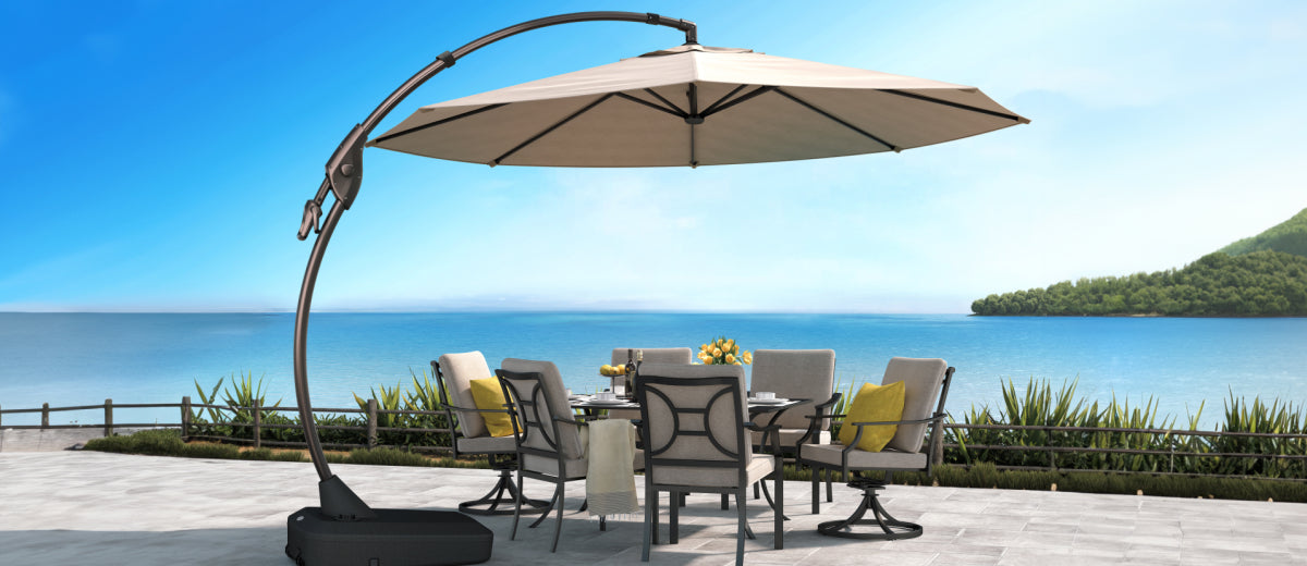 best qualities in an offset patio umbrella Choice Products 10x10ft 2-Tier Square Outdoor Solar LED Cantilever w/ Base Included coated metal pole 100% 250gsm polyester fabric 360 Reviews for CLOUDFLY 12 ft.