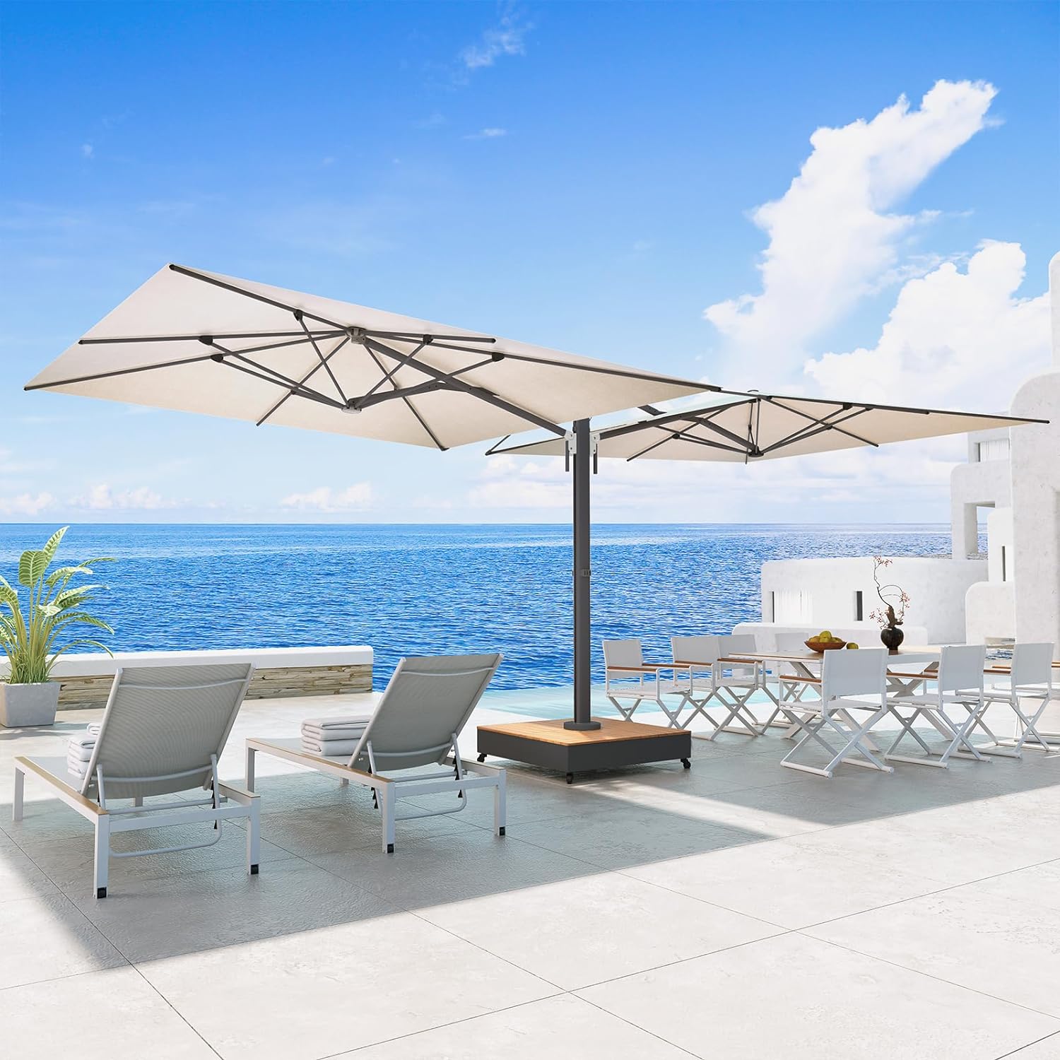 freeport park frances 15' rectangular patio umbrella PHI VILLA 15ft Large Outdoor with Base Included, Navy Blue Supported by a rust Frankford Umbrellas Eclipse Commercial Cantilever
