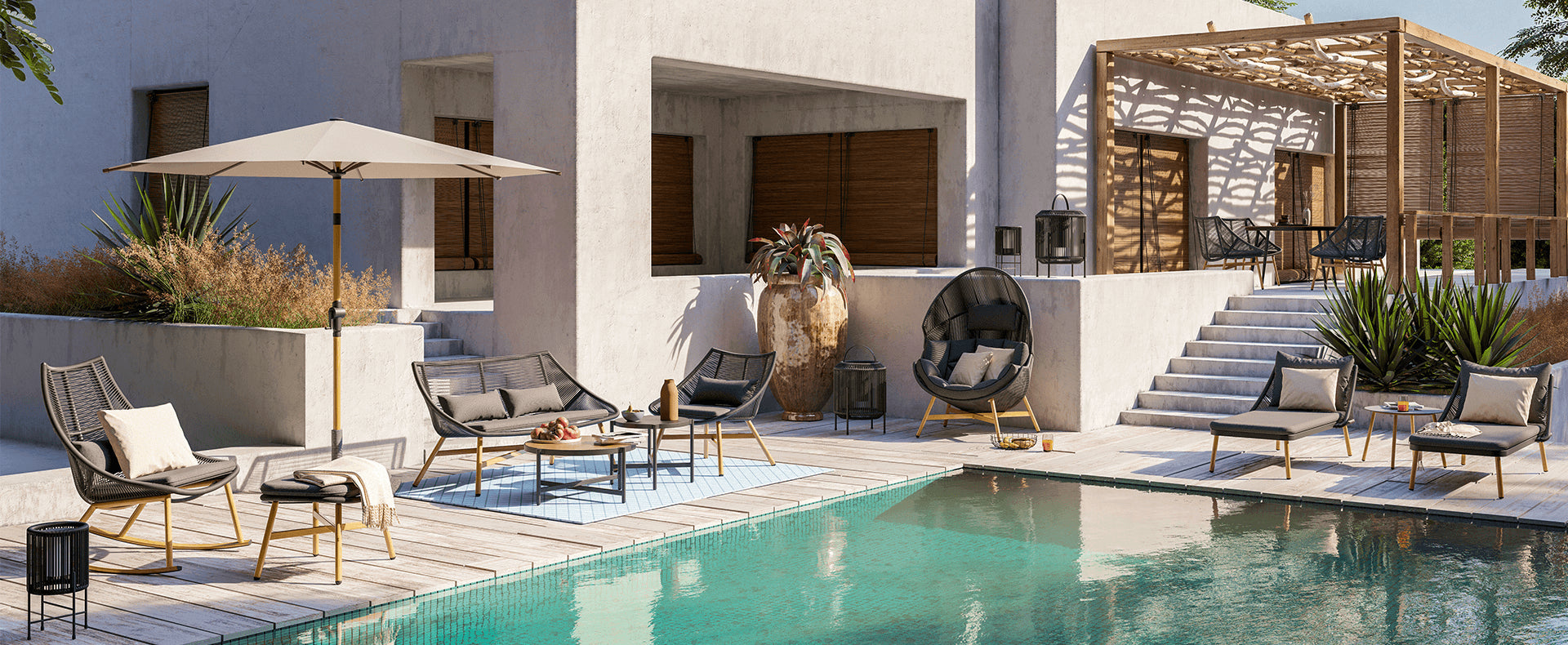Outdoor patio area with furniture, umbrella, and pool in a modern setting