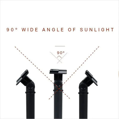 Diagram showing 90-degree wide angle of sunlight with black metal brackets on a white background.
