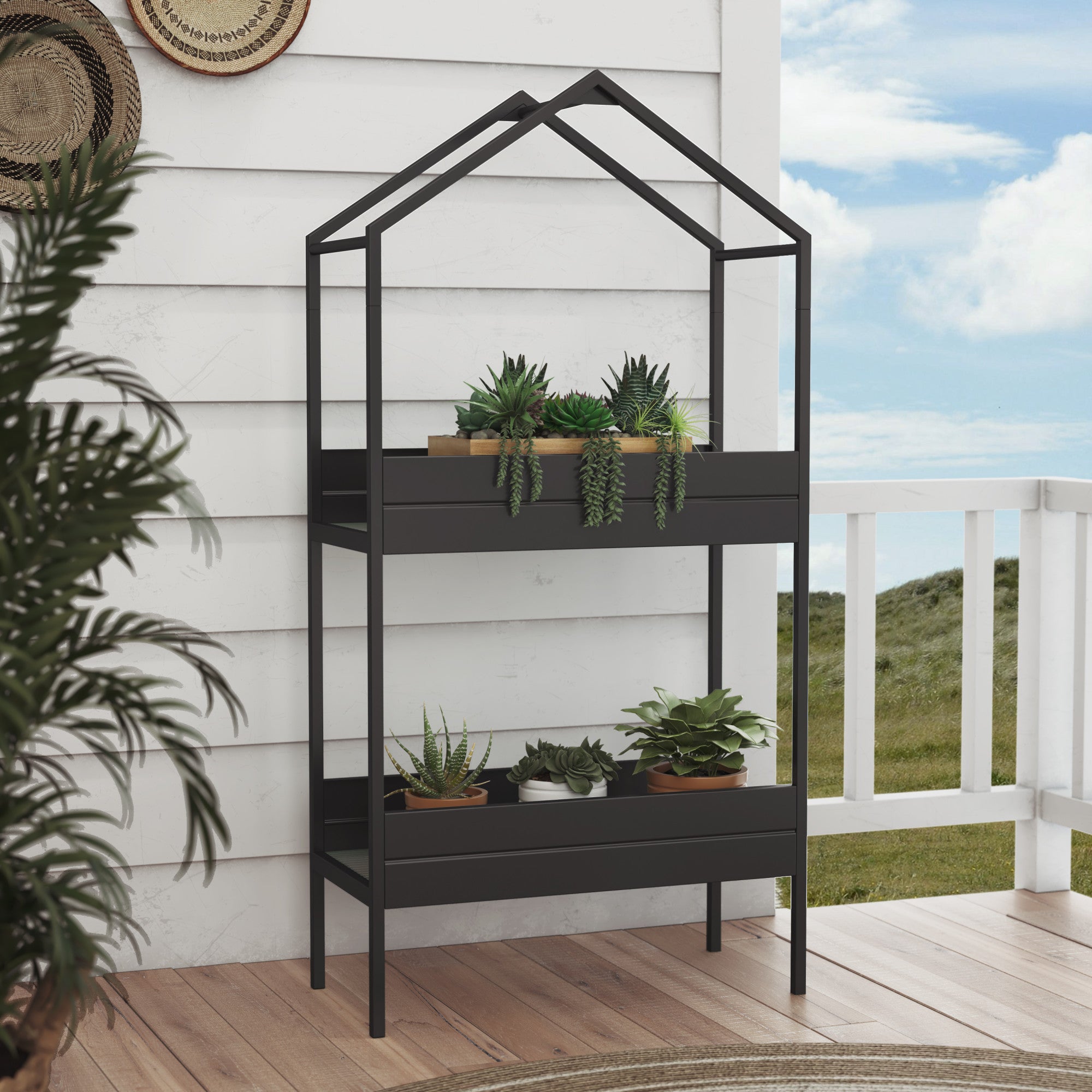 multi tiered hanging planter Grandpatio Outdoor Steel Planter Stand With Large Storage