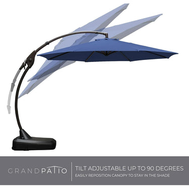 Grand Patio 11 ft cantilever patio umbrella in navy blue with a black base, adjustable up to 90 degrees for shade.
