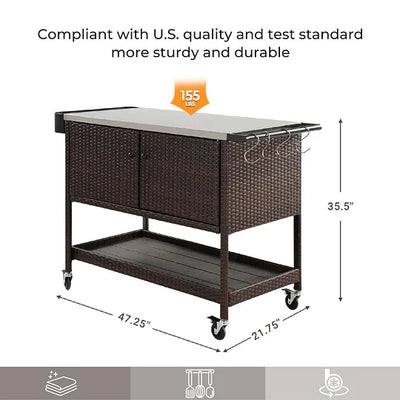 Wicker kitchen cart with dimensions and Amazon logo on a white background