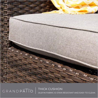 Gray cushion on wicker furniture with text about thick cushion and Olefin fabric.