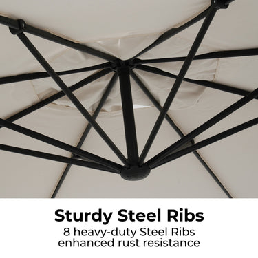 Sturdy steel ribs support the Grand Patio 12 ft Napoli cantilever umbrella, showcasing its rust-resistant design.