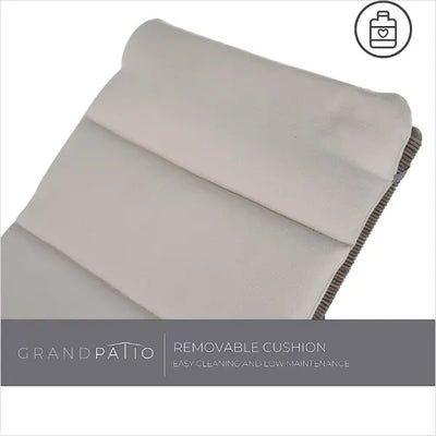 Gray outdoor cushion with rolled-up design on a white background, featuring 'GrandPatio' branding.