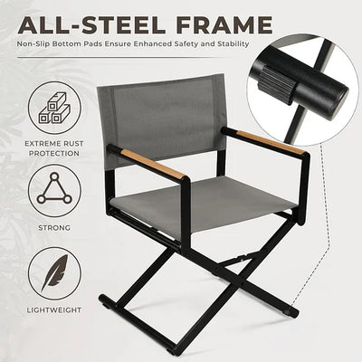 Director's chair with black steel frame and gray cushion, featuring text on durability and features.