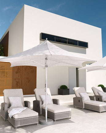 Grand Patio 11 ft sunshade umbrella with a pulley lift, positioned near lounge chairs by a modern poolside setting.