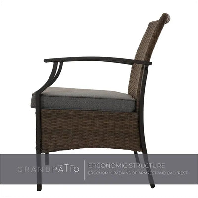 Wicker chair with gray cushion on a white background, branded 'GrandPatio'.