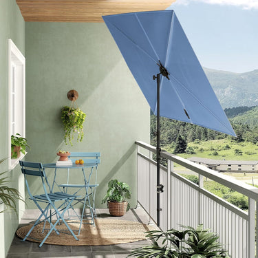 GRAND PATIO JENA 6x4 FT rectangular flat patio market umbrella in light blue, positioned on a balcony with chairs and gree...