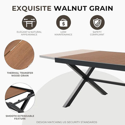Wooden table with black metal legs on a white background, highlighting features like 'Exquisite Walnut Grain' and 'Smooth Extendable Feature'.
