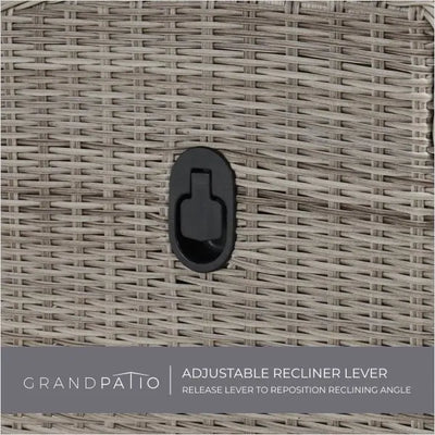 Wicker chair with an adjustable recliner lever and 'GrandPatio' branding.