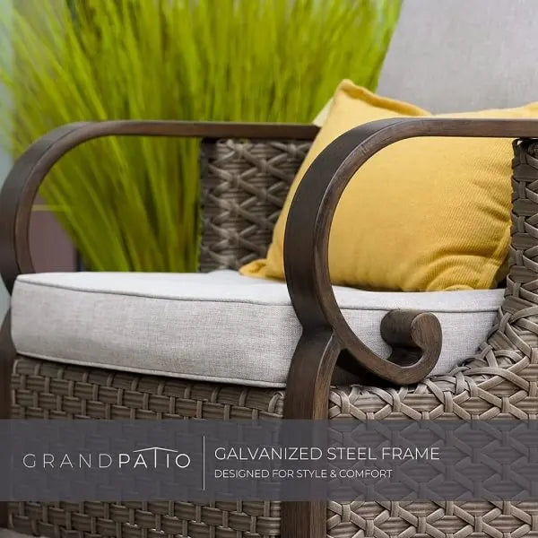 Wicker chair with cushions and GrandPatio branding