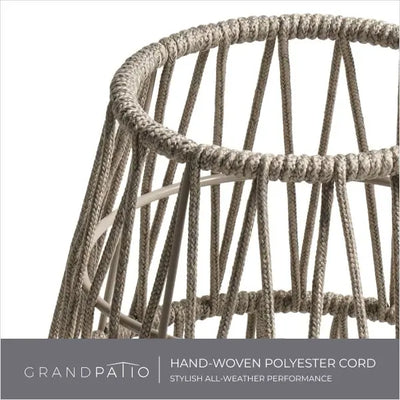 Close-up of a hand-woven polyester cord chair with 'GrandPatio' branding.