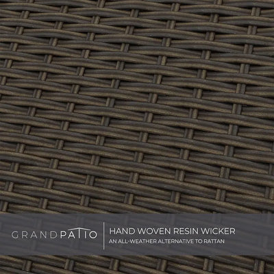 Close-up of hand woven resin wicker with Grand patio branding.