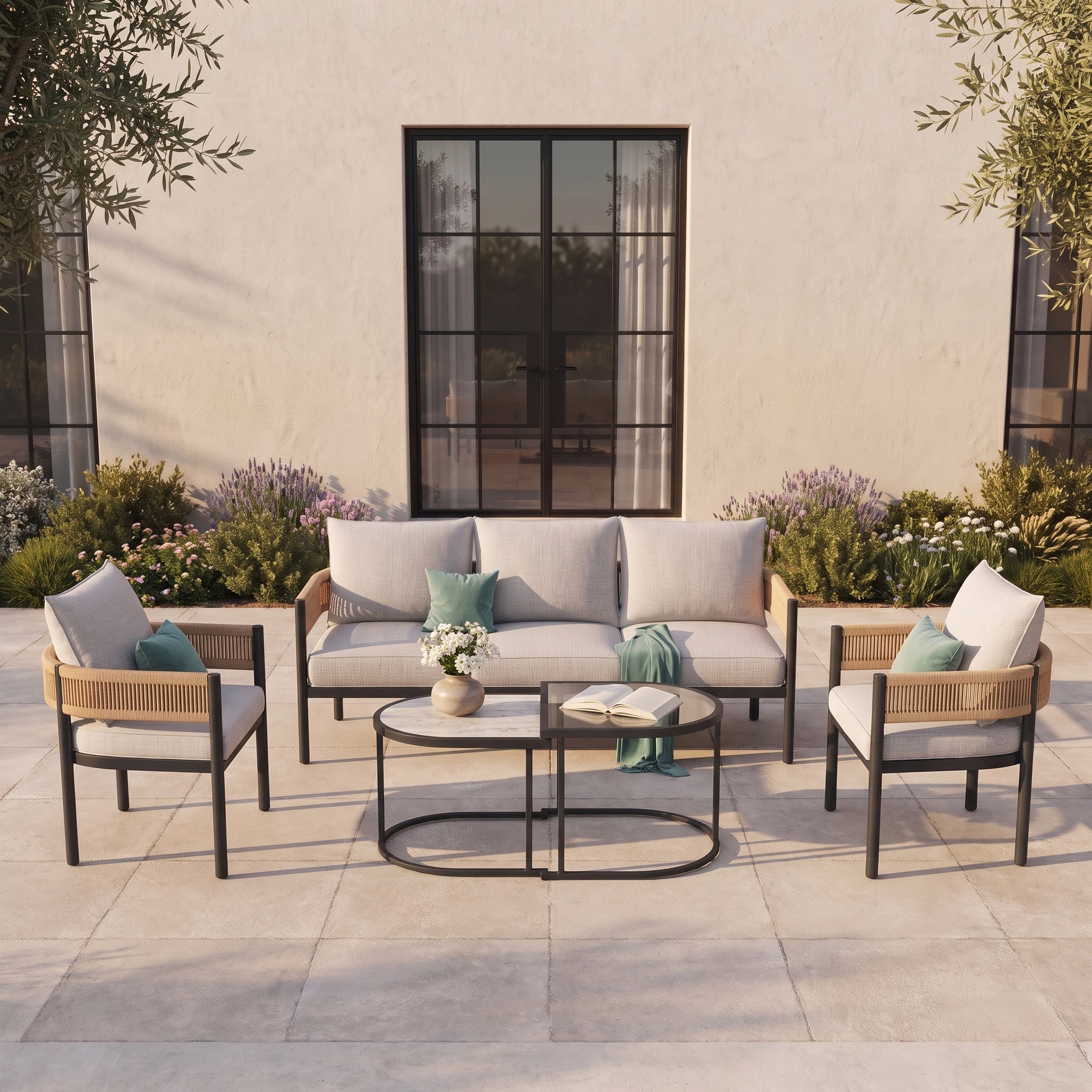 Grand Patio 4-Seat Conversation Sofa Set, All-Weather Wicker Outdoor Loveseat with Thick Cushions for Porch and Garden