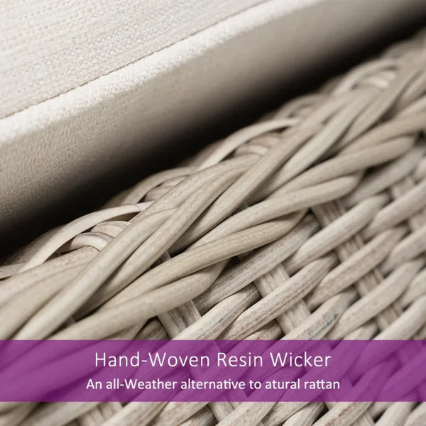 Close-up of hand-woven resin wicker with a blurred background