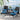 Outdoor furniture set with black wicker chairs and ottomans with blue cushions on a deck with ocean view.