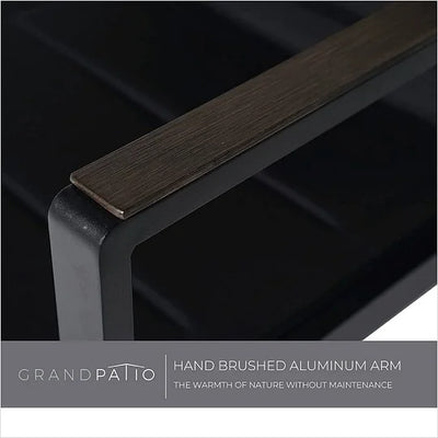 Hand brushed aluminum arm of a chair with Grand patio branding