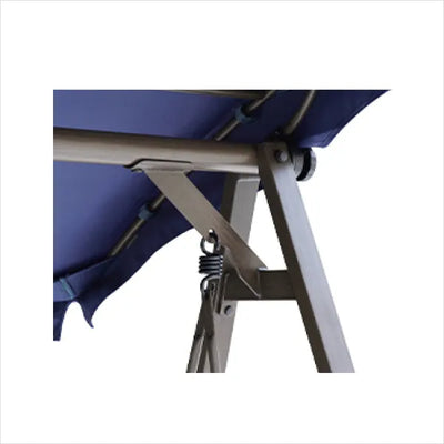 Close-up of a blue folding chair with metal frame on a white background