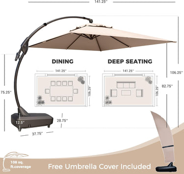 Large rectangular cantilever patio umbrella with a beige canopy and a sturdy black base, includes an umbrella cover.