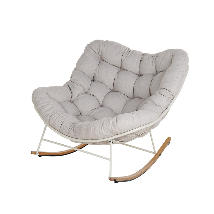 Gray cushioned papasan chair with a white frame on a white background