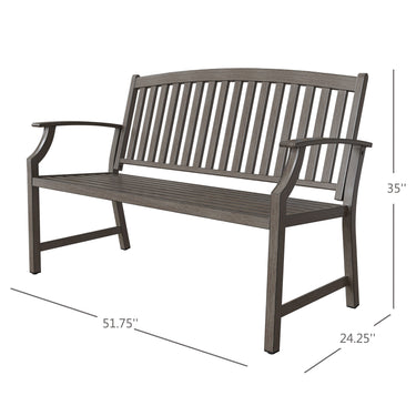 Grand Patio outdoor bench with a faux wood finish, anti-rust aluminum and steel frame, dimensions 51.75" x 24.25" x 35".