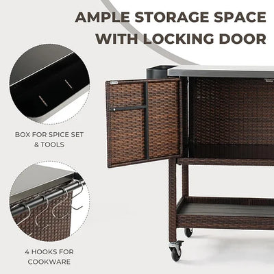 Brown wicker storage cart with features highlighted on a white background