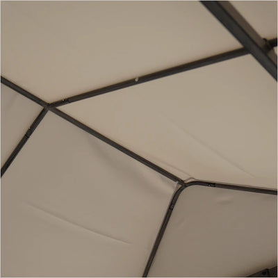 Close-up of a beige umbrella with black ribs