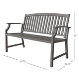 Gray aluminum and steel garden bench with faux wood finish, featuring slatted backrest and armrests, dimensions 51.75" x 2...