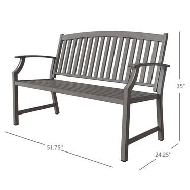 Gray aluminum and steel garden bench with faux wood finish, featuring slatted backrest and armrests, dimensions 51.75" x 2...