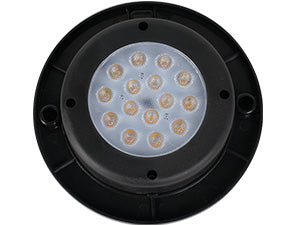 Circular black light fixture with LED lights on a white background