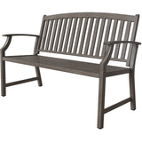 Grand Patio outdoor bench with a faux wood finish, featuring a slatted back and armrests, made from anti-rust aluminum and...