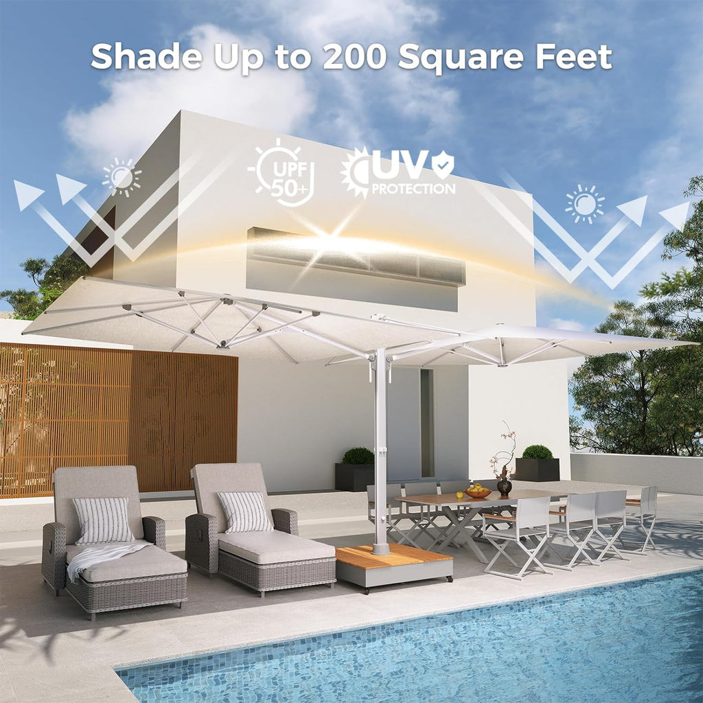 double size patio umbrella LAUSAINT HOME Large Double-Sided Rectangle with LED Light and Base, 13FT/15FT Quick and tool HOMSHADE Double Sided Patio Umbrellas