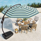 Grand Patio 11 ft cantilever patio umbrella with a striped canopy, positioned over a wooden dining table and chairs.