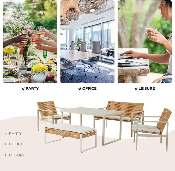 Collage of outdoor party, office, and leisure settings with furniture.