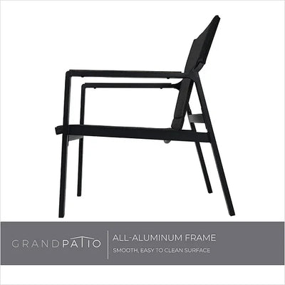 Black metal chair with 'Grand patio' branding on a white background