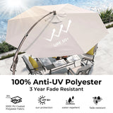 Deluxe 12 ft Napoli cantilever umbrella in beige with a sturdy base and sun protection features, set over outdoor furniture.