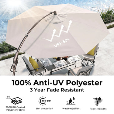 Deluxe 12 ft Napoli cantilever umbrella in beige with a sturdy base and sun protection features, set over outdoor furniture.