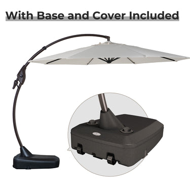 Grand patio 12 ft Napoli cantilever umbrella with a beige canopy and a black base, includes an umbrella cover.