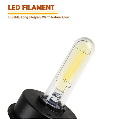 LED filament bulb with text highlighting durability, lifespan, and glow quality on a white background