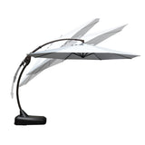 Grand patio 12 ft deluxe Napoli Sunbrella cantilever umbrella in gray, featuring an adjustable arm and sturdy base.