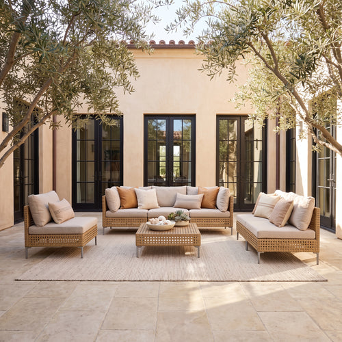 Grand Patio 6-Seat Conversation Sofa Set, Wicker Outdoor Sectional with Thick Beige Cushions