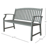 Gray aluminum and steel garden bench with faux wood finish, featuring slatted backrest and armrests, dimensions 51.75" x 2...