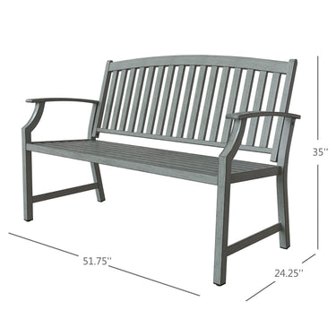 Gray aluminum and steel garden bench with faux wood finish, featuring slatted backrest and armrests, dimensions 51.75" x 2...