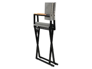 High chair with black frame and gray cushion on a white background