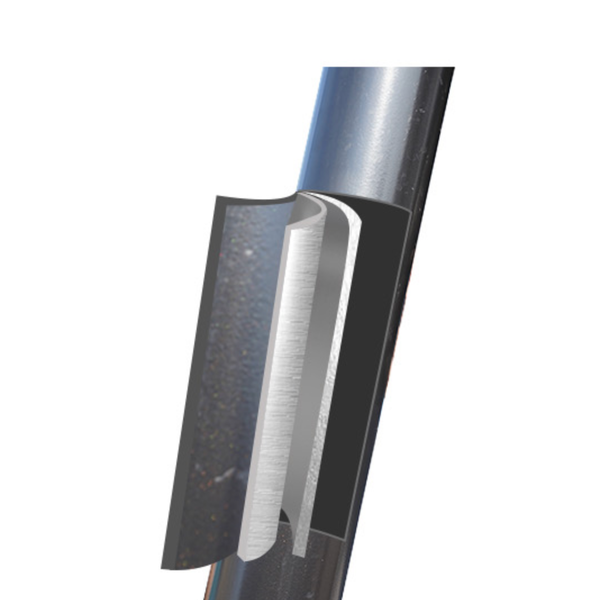 Close-up of a metal tool with a black and silver design on a white background