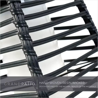 Close-up of black woven resin wicker with 'GrandPatio' branding on a white background