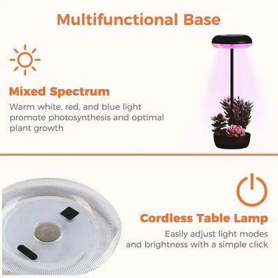 Multifunctional base with plant and lamp, featuring mixed spectrum and cordless table lamp features.