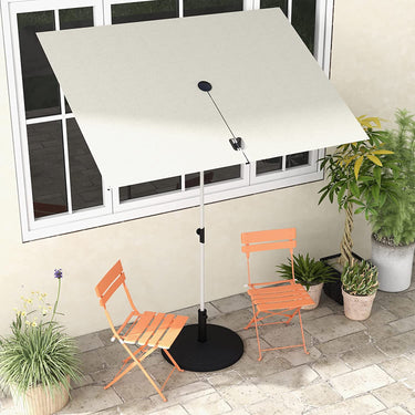 Grand Patio Jena 6x4 ft rectangular flat patio market umbrella in beige, positioned over two orange chairs and potted plants.